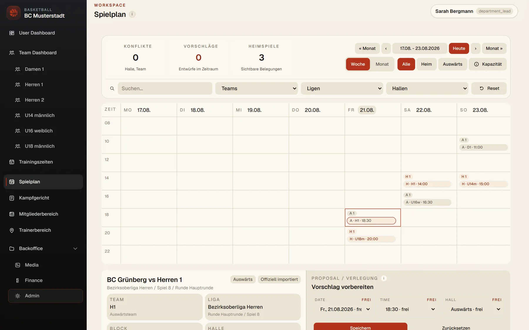Der Spielplan im Club-Dashboard: Monatsansicht Oktober mit Heim- und Auswärtsspielen aller Teams