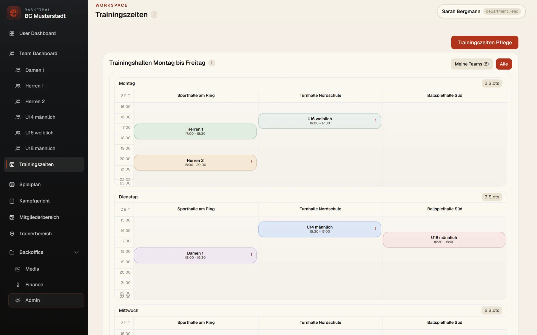 Trainingszeiten im Club-Dashboard: Wochenraster über fünf Hallen mit belegten Trainingsfenstern je Team