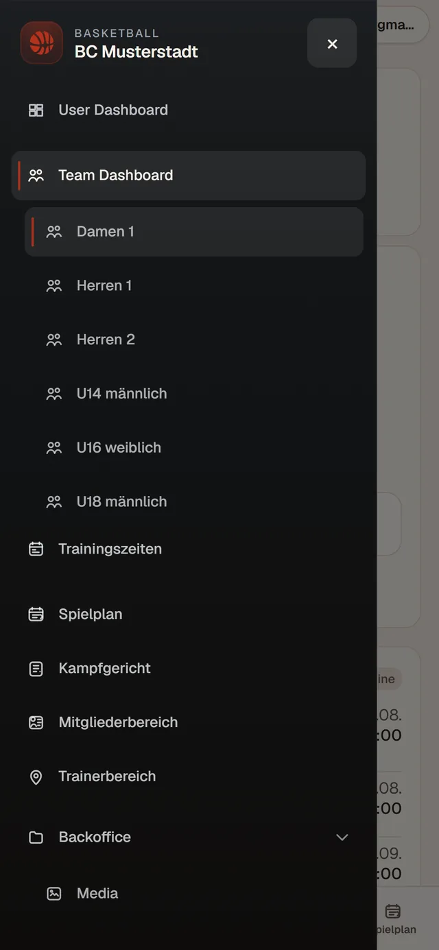 Das geöffnete Navigationsmenü der mobilen App