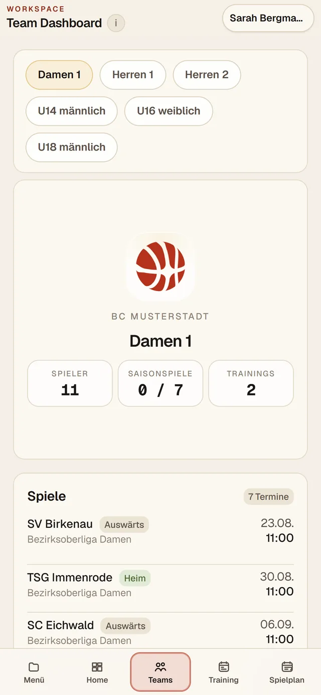 Das Team Dashboard auf dem Handy: alle 22 Teams als Auswahl, darunter die Karte des gewählten Teams